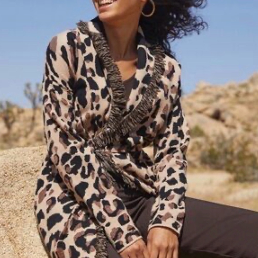 Chicos 3 (XL) Shawl Collar Heavy Cardigan Jacket Leopard Cheetah Print Fringe